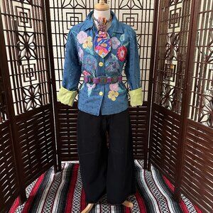 VTG Indigo Moon Blue Floral Embroidered Contrast Lined Blazer Sz M